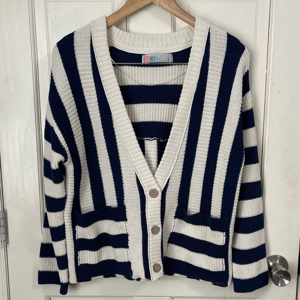 Free People Beach High Tide Cardigan Sweater Cotton Blend Medium Striped Boho - Picture 5 of 9